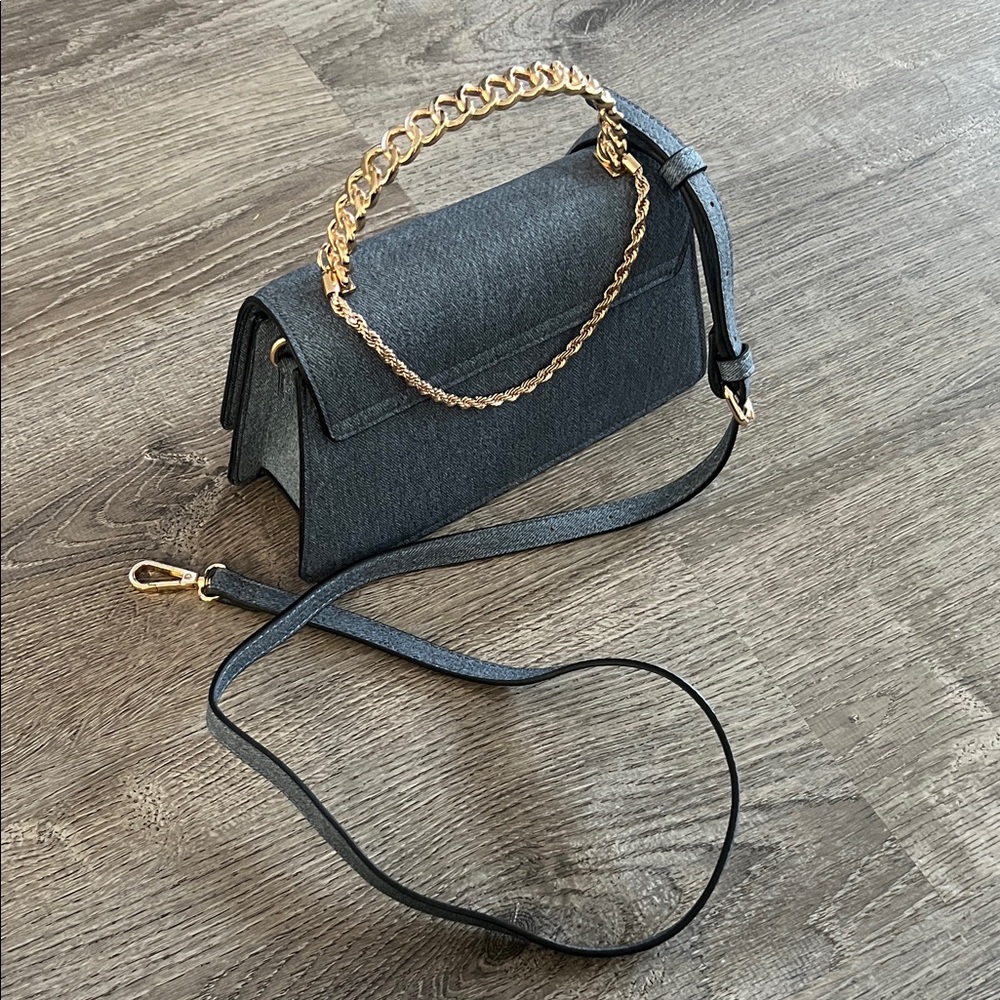 Aldo Blue Denim-Textured Top-Handle Satchel with Gold Chain - Picture 4 of 4